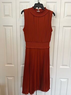 Nanette Lepore Rust Pleated Midi Dress with Smocked Waist